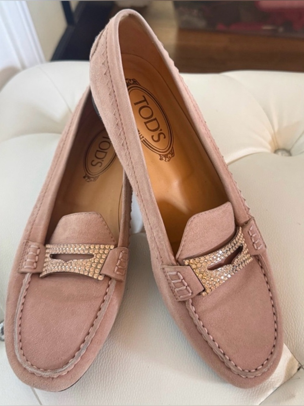 Tod's Women’s Blush Suede Loafers with Rhinestone Buckle